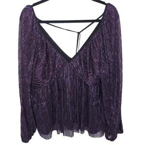Express Womens Y2K Babydoll Top Deep V Purple Metallic Whimsigoth Witchy Size L